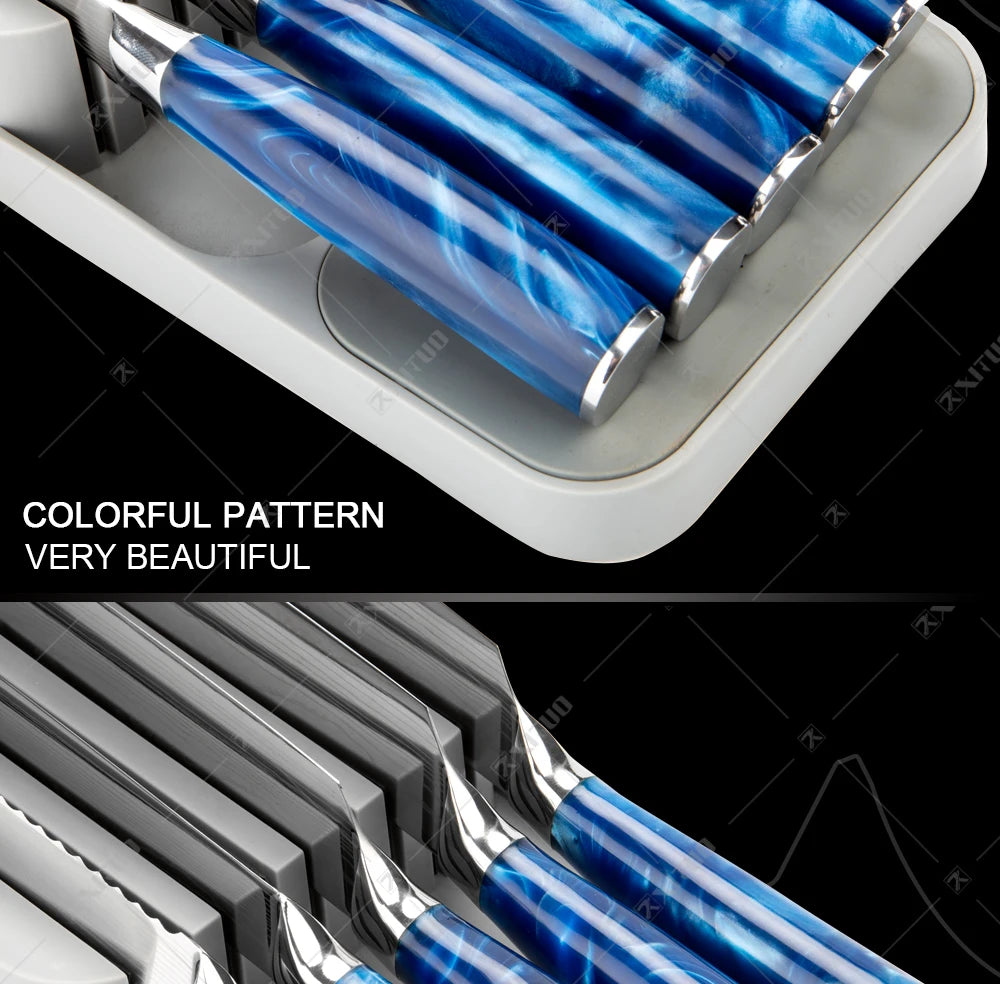 XITUO kitchen knives Set, Exquisite blue resin handle Laser Damascus pattern.