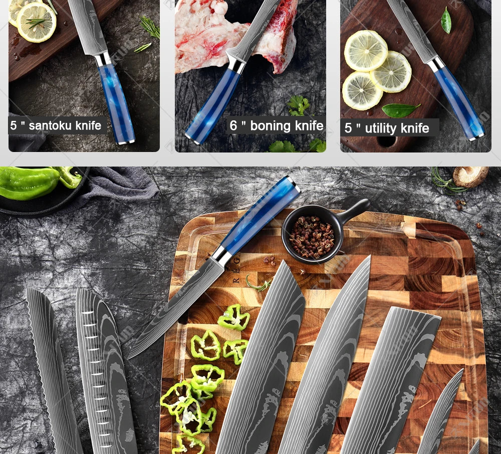 XITUO kitchen knives Set, Exquisite blue resin handle Laser Damascus pattern.