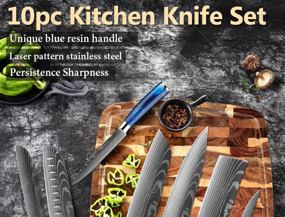 XITUO kitchen knives Set, Exquisite blue resin handle Laser Damascus pattern.