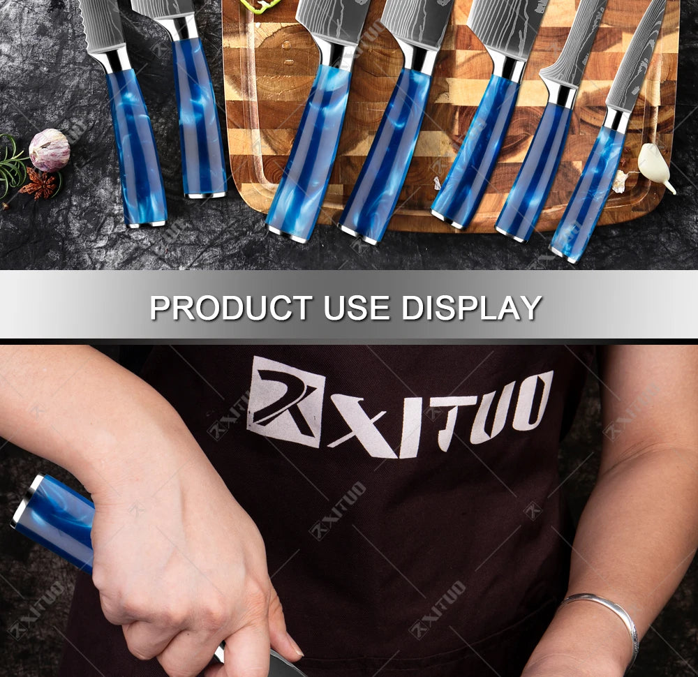 XITUO kitchen knives Set, Exquisite blue resin handle Laser Damascus pattern.