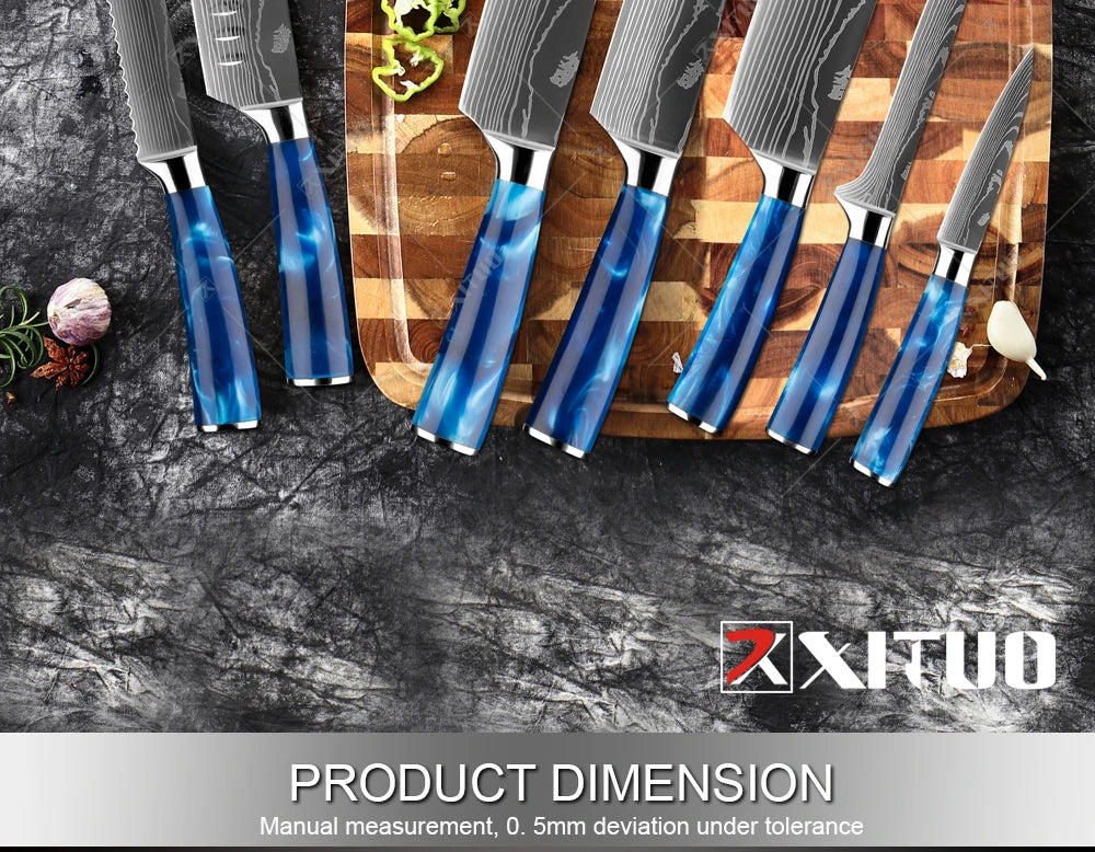 XITUO kitchen knives Set, Exquisite blue resin handle Laser Damascus pattern.