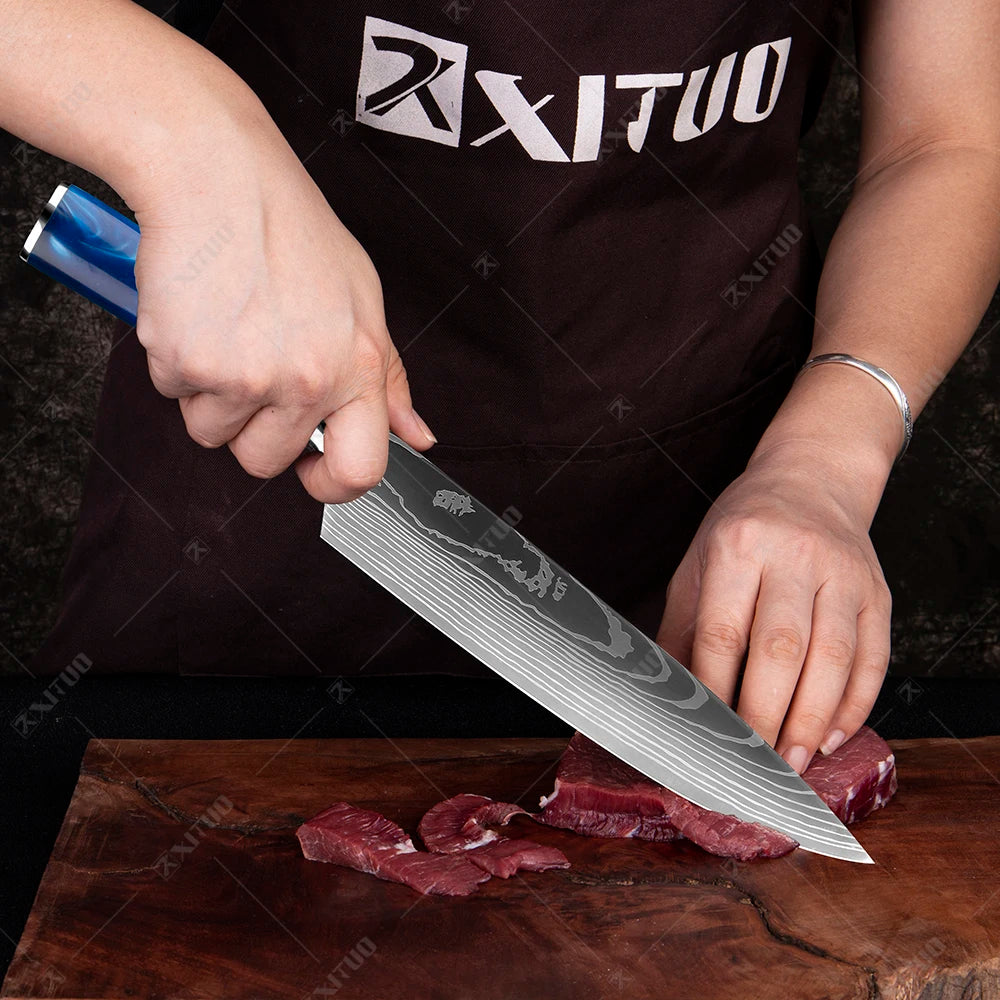 XITUO kitchen knives Set, Exquisite blue resin handle Laser Damascus pattern.