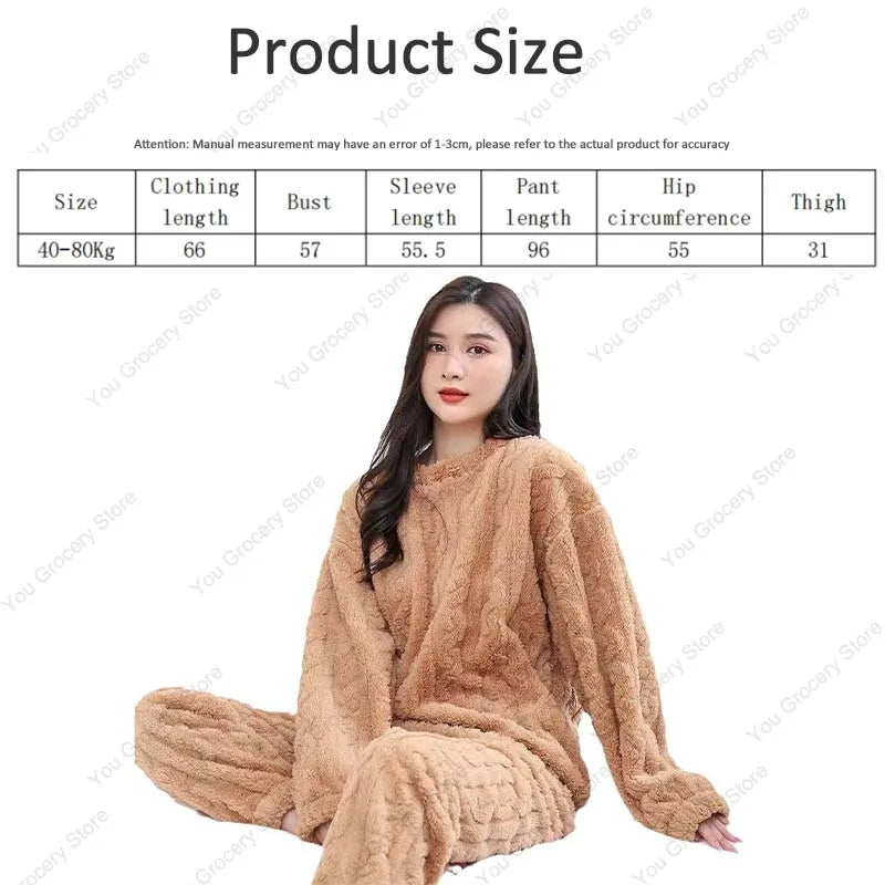 Casual Pajama 2 Piece Sets Thicken Velvet Ribbed Fleece Set Pullover