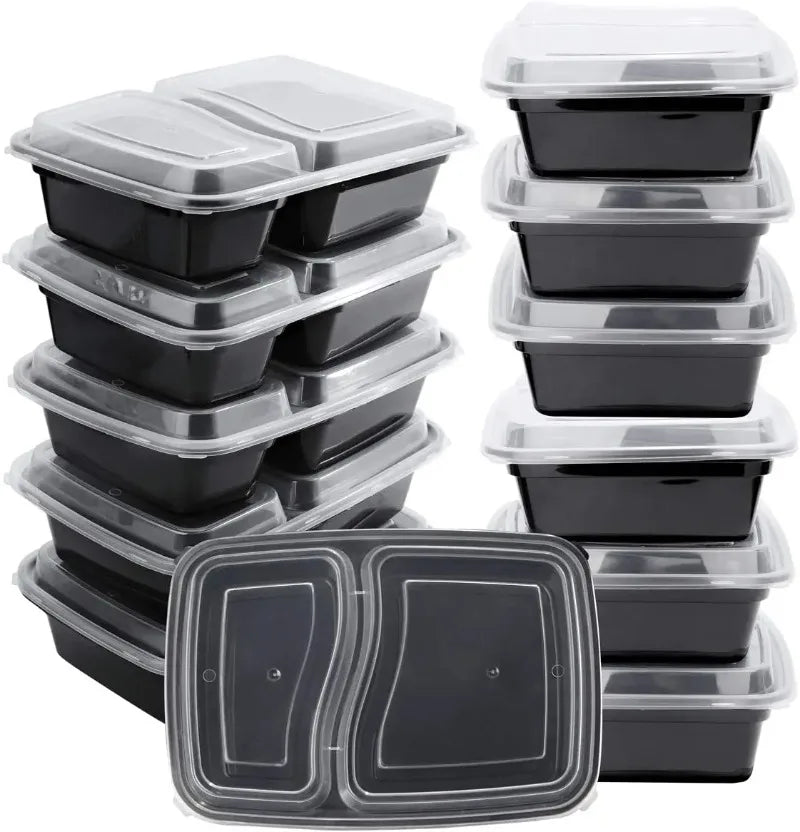 2 Compartment BPA Reusable Meal Prep Containers Rectangular Lunch Containers Microwavable Safe - Stackable Food Storage Trays