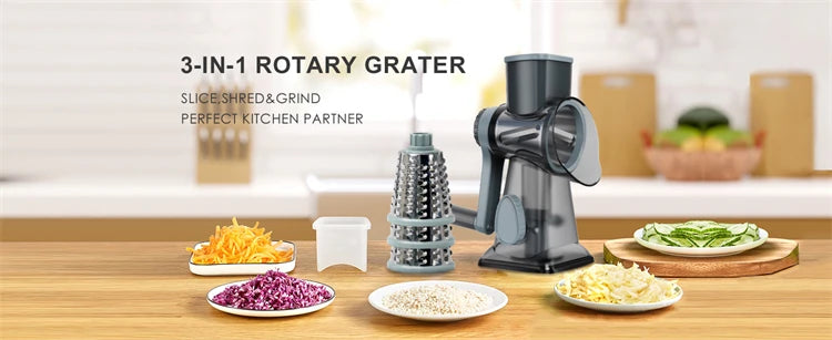 3 in 1 Rotary Cheese Grater Versatile Manual Vegetable Slicer Peanut Nuts Grinder Cheese Vegetable Shredder Clear JT242