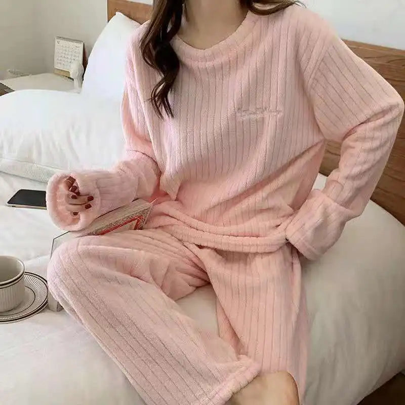 Casual Pajama 2 Piece Sets Thicken Velvet Ribbed Fleece Set Pullover