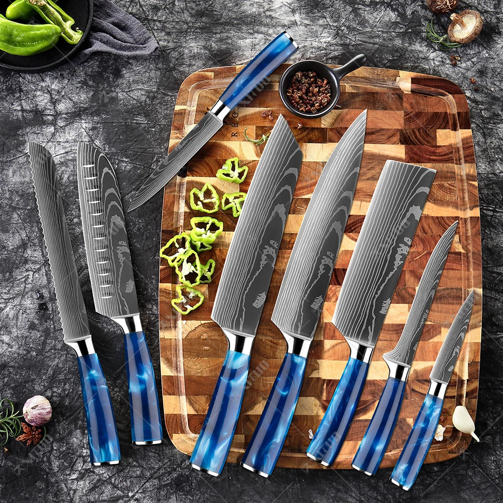 XITUO kitchen knives Set, Exquisite blue resin handle Laser Damascus pattern.