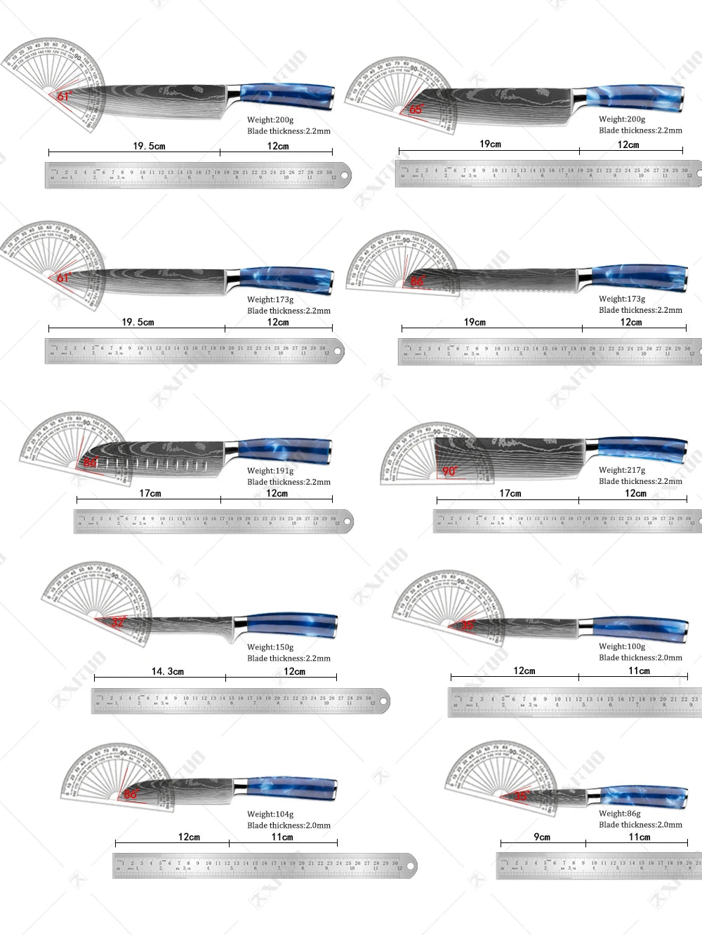 XITUO kitchen knives Set, Exquisite blue resin handle Laser Damascus pattern.