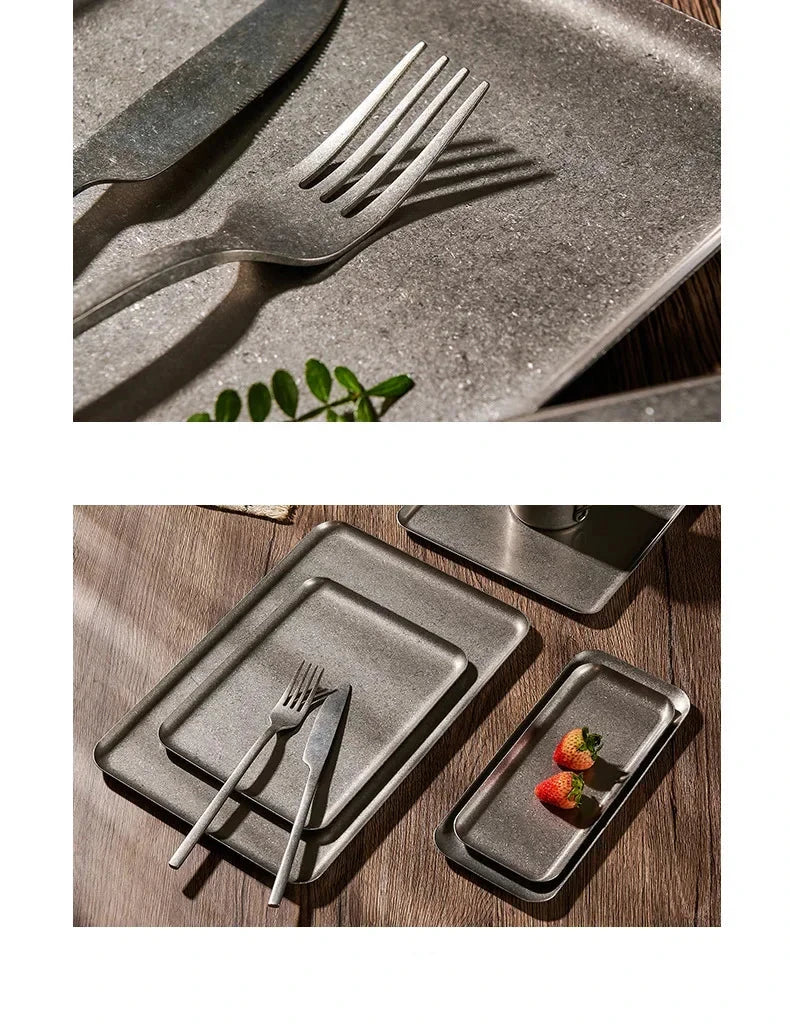 Retro 304 Stainless Steel Antique Square Steak Tray Creative Restaurant Display Dessert Barbecue Plate