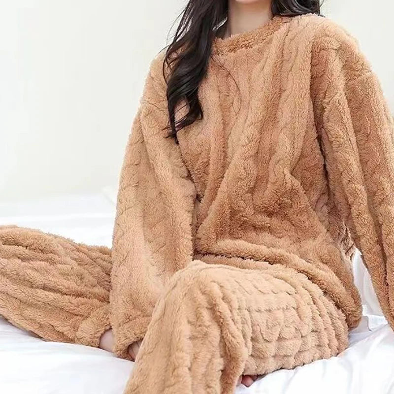 Casual Pajama 2 Piece Sets Thicken Velvet Ribbed Fleece Set Pullover