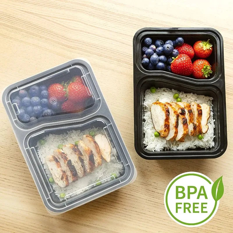 2 Compartment BPA Reusable Meal Prep Containers Rectangular Lunch Containers Microwavable Safe - Stackable Food Storage Trays