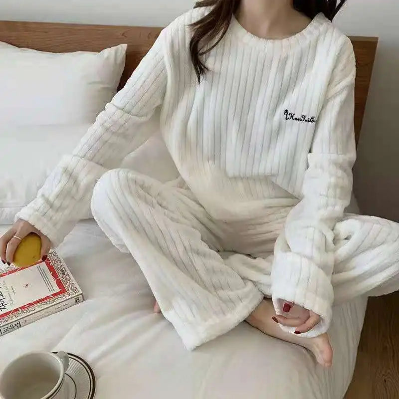 Casual Pajama 2 Piece Sets Thicken Velvet Ribbed Fleece Set Pullover