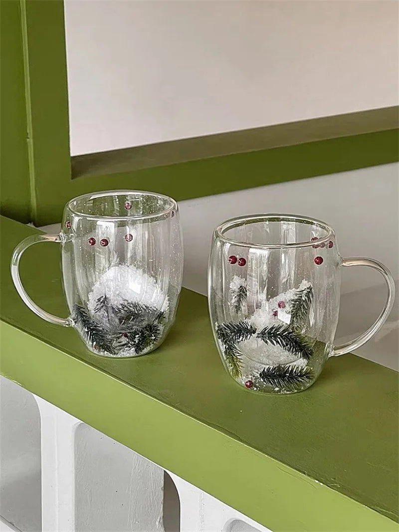 200/350ML Double Wall Clear Glass Cup Christmas Theme Snow scene Glass Coffee Cup Heat Resistant Milk Water Cup Christmas Gift