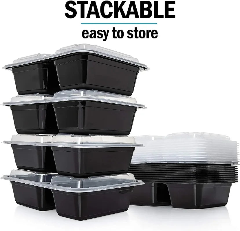 2 Compartment BPA Reusable Meal Prep Containers Rectangular Lunch Containers Microwavable Safe - Stackable Food Storage Trays