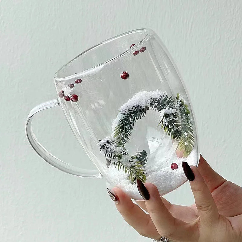 200/350ML Double Wall Clear Glass Cup Christmas Theme Snow scene Glass Coffee Cup Heat Resistant Milk Water Cup Christmas Gift