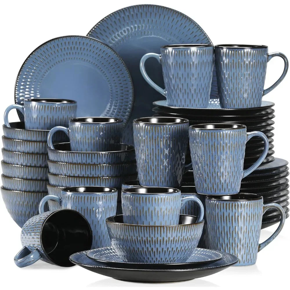 48 Piece Tableware Set, Retro Blue Tableware,Dinner Service Set,12 People, Including Plates,Dessert Plates,Grain Bowls, and Mugs