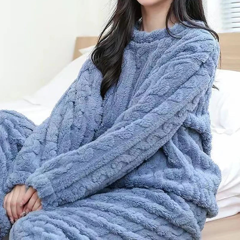 Casual Pajama 2 Piece Sets Thicken Velvet Ribbed Fleece Set Pullover