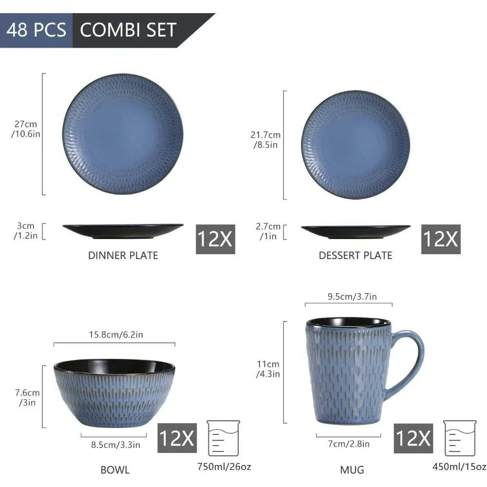 48 Piece Tableware Set, Retro Blue Tableware,Dinner Service Set,12 People, Including Plates,Dessert Plates,Grain Bowls, and Mugs