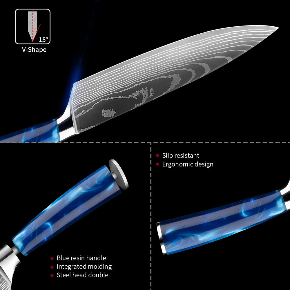 XITUO kitchen knives Set, Exquisite blue resin handle Laser Damascus pattern.