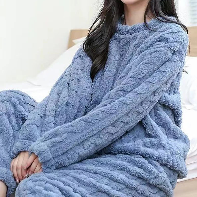 Casual Pajama 2 Piece Sets Thicken Velvet Ribbed Fleece Set Pullover