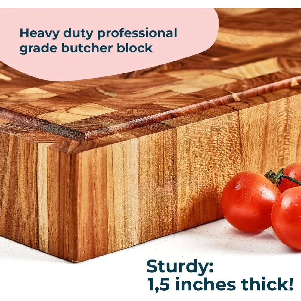 XXL End Grain Butcher Block Cutting Board [1.5" Thick]. Made of Teak Wood and Conditioned with Beeswax, Flaxseed Oil & Lemon Oil