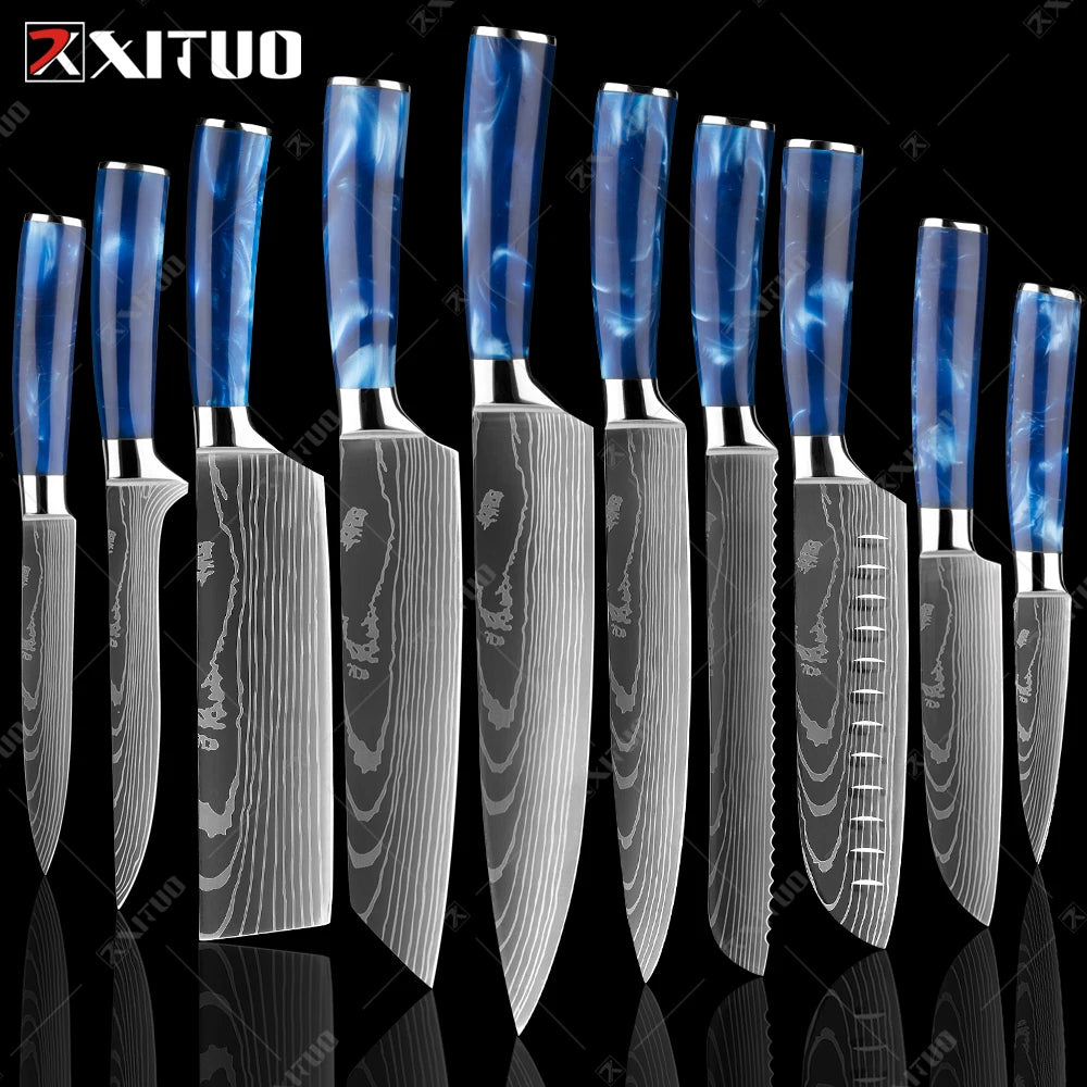 XITUO kitchen knives Set, Exquisite blue resin handle Laser Damascus pattern.