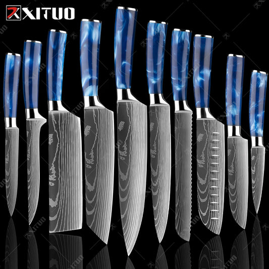 XITUO kitchen knives Set, Exquisite blue resin handle Laser Damascus pattern.