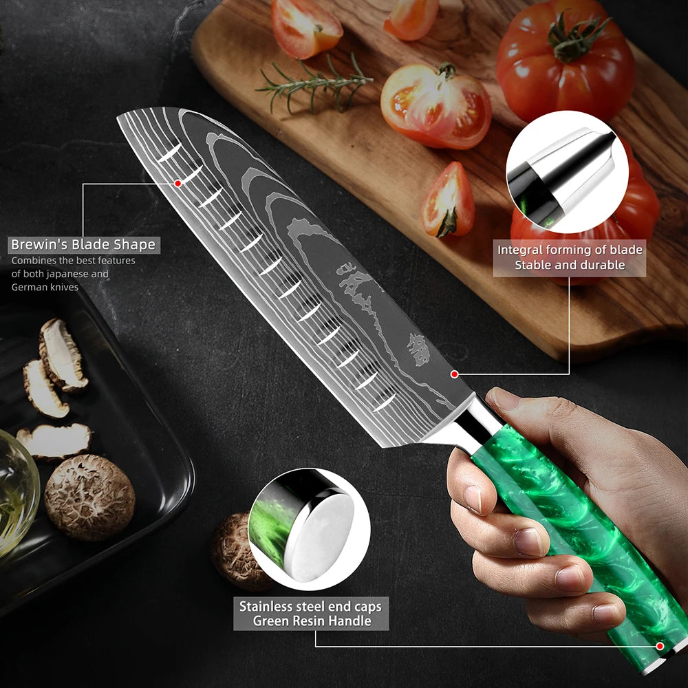 Chef Knife Set 1-8Piece, Pro Kitchen Knife for Daily Use, High Carbon Steel Culinary Knives Green