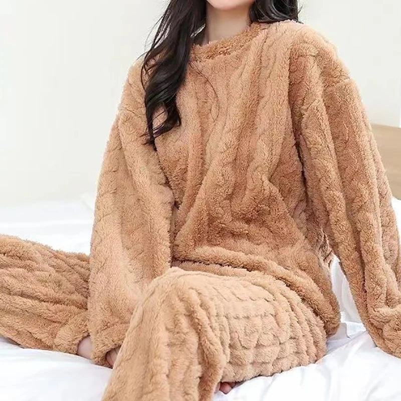 Casual Pajama 2 Piece Sets Thicken Velvet Ribbed Fleece Set Pullover