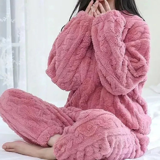 Casual Pajama 2 Piece Sets Thicken Velvet Ribbed Fleece Set Pullover