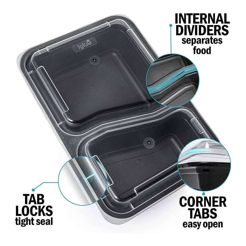 2 Compartment BPA Reusable Meal Prep Containers Rectangular Lunch Containers Microwavable Safe - Stackable Food Storage Trays