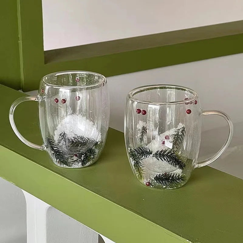 200/350ML Double Wall Clear Glass Cup Christmas Theme Snow scene Glass Coffee Cup Heat Resistant Milk Water Cup Christmas Gift