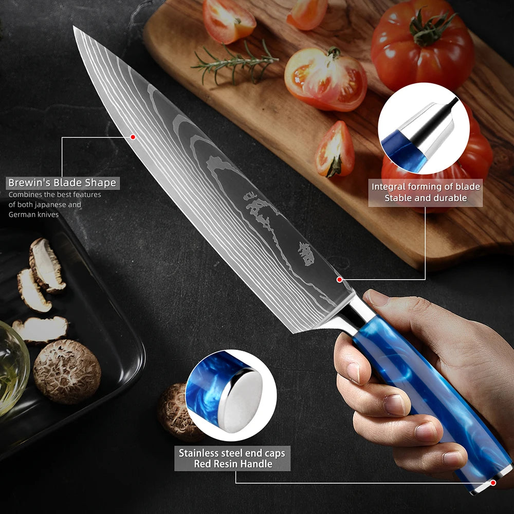 XITUO kitchen knives Set, Exquisite blue resin handle Laser Damascus pattern.