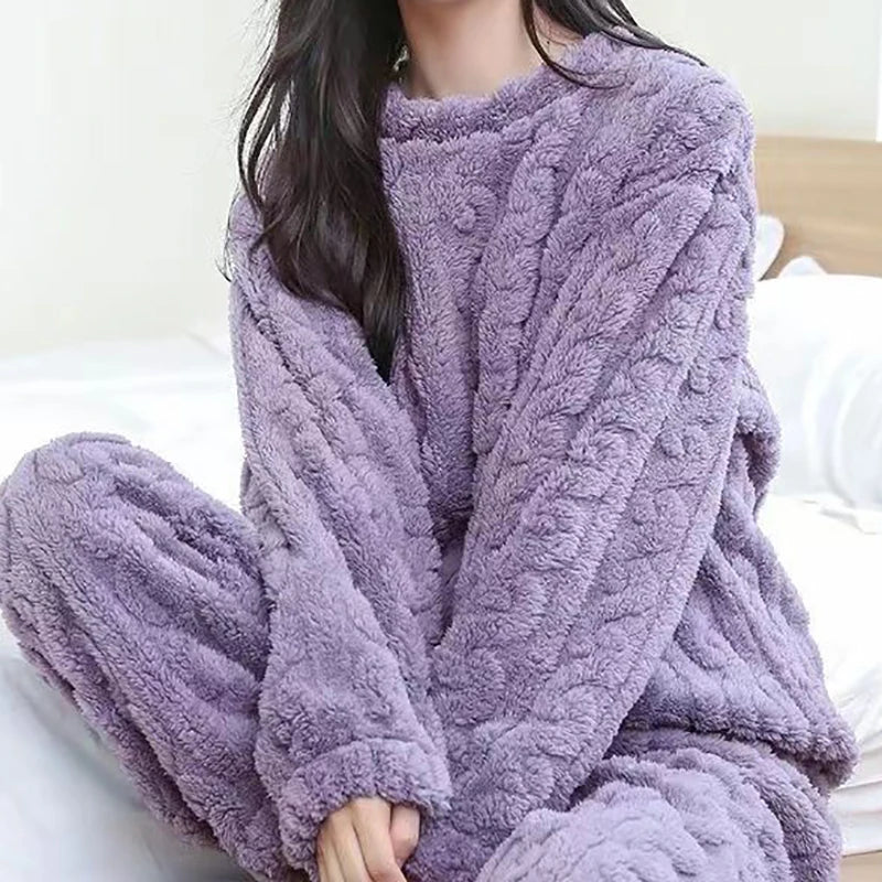 Casual Pajama 2 Piece Sets Thicken Velvet Ribbed Fleece Set Pullover