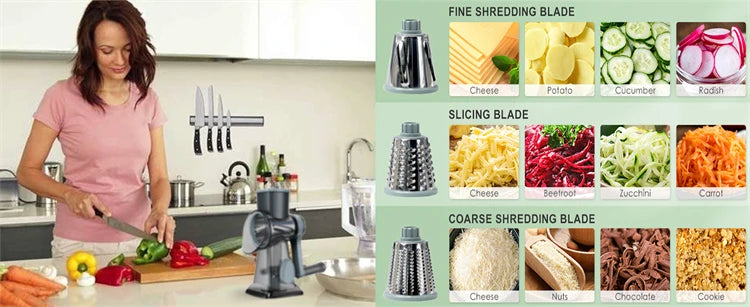 3 in 1 Rotary Cheese Grater Versatile Manual Vegetable Slicer Peanut Nuts Grinder Cheese Vegetable Shredder Clear JT242