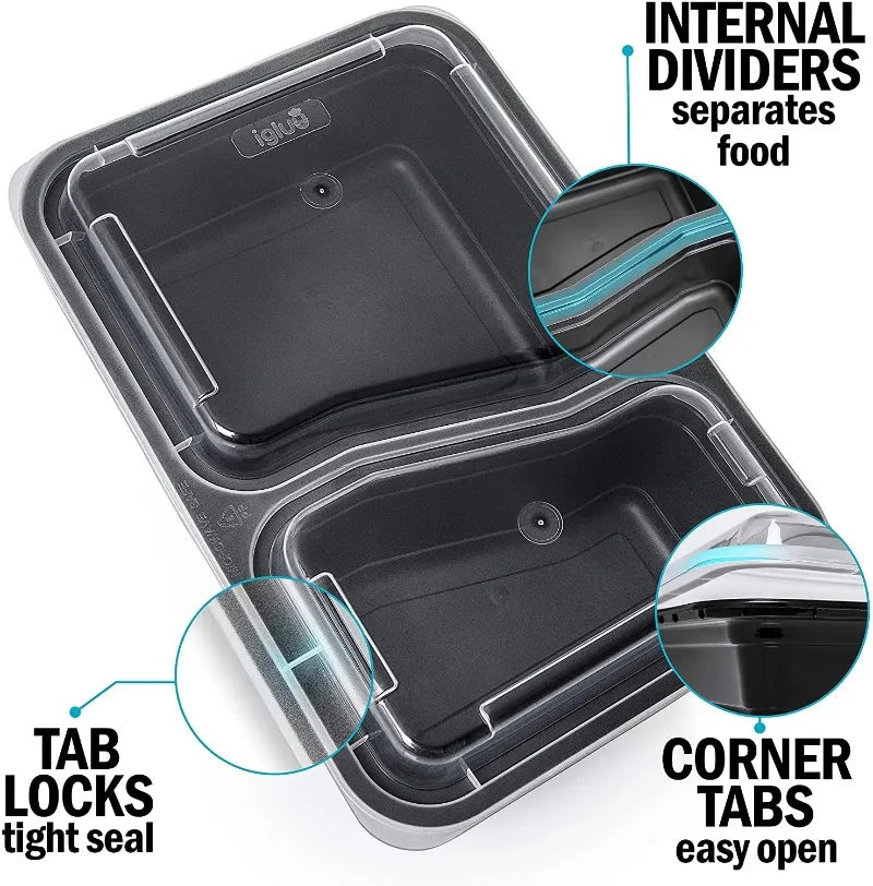 2 Compartment BPA Reusable Meal Prep Containers Rectangular Lunch Containers Microwavable Safe - Stackable Food Storage Trays