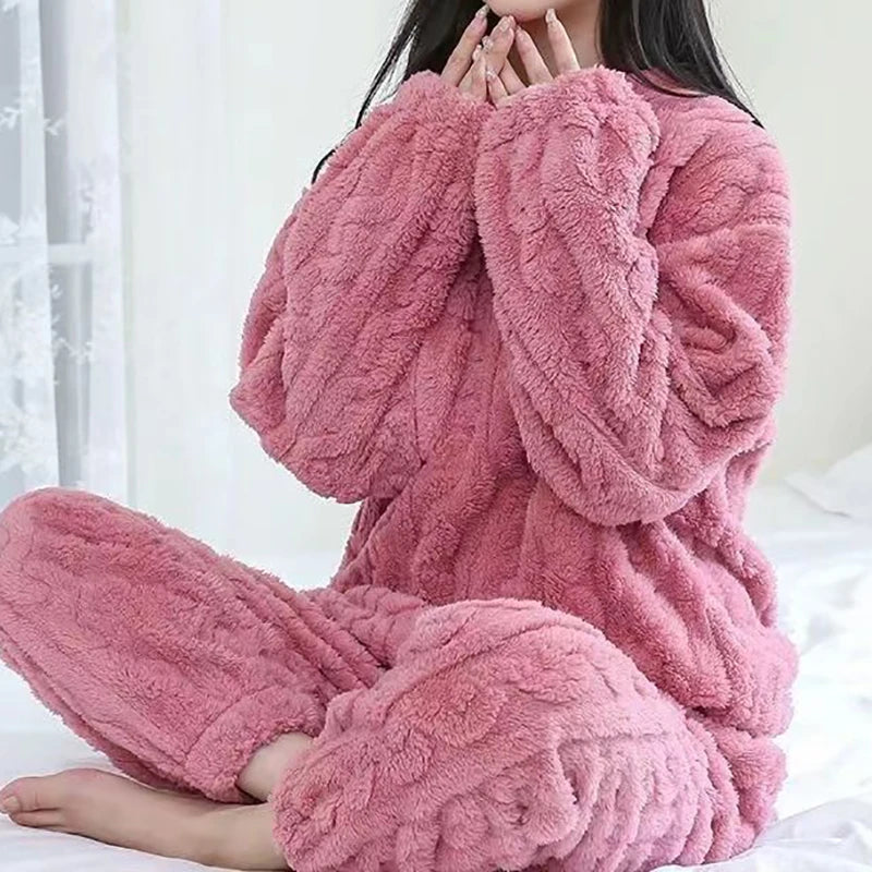 Casual Pajama 2 Piece Sets Thicken Velvet Ribbed Fleece Set Pullover